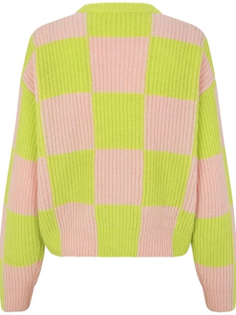STINE GOYA Checkerboard Button-Up Cardigan in Pink & Lime plaid crewneck sweater - Picture 4 of 9